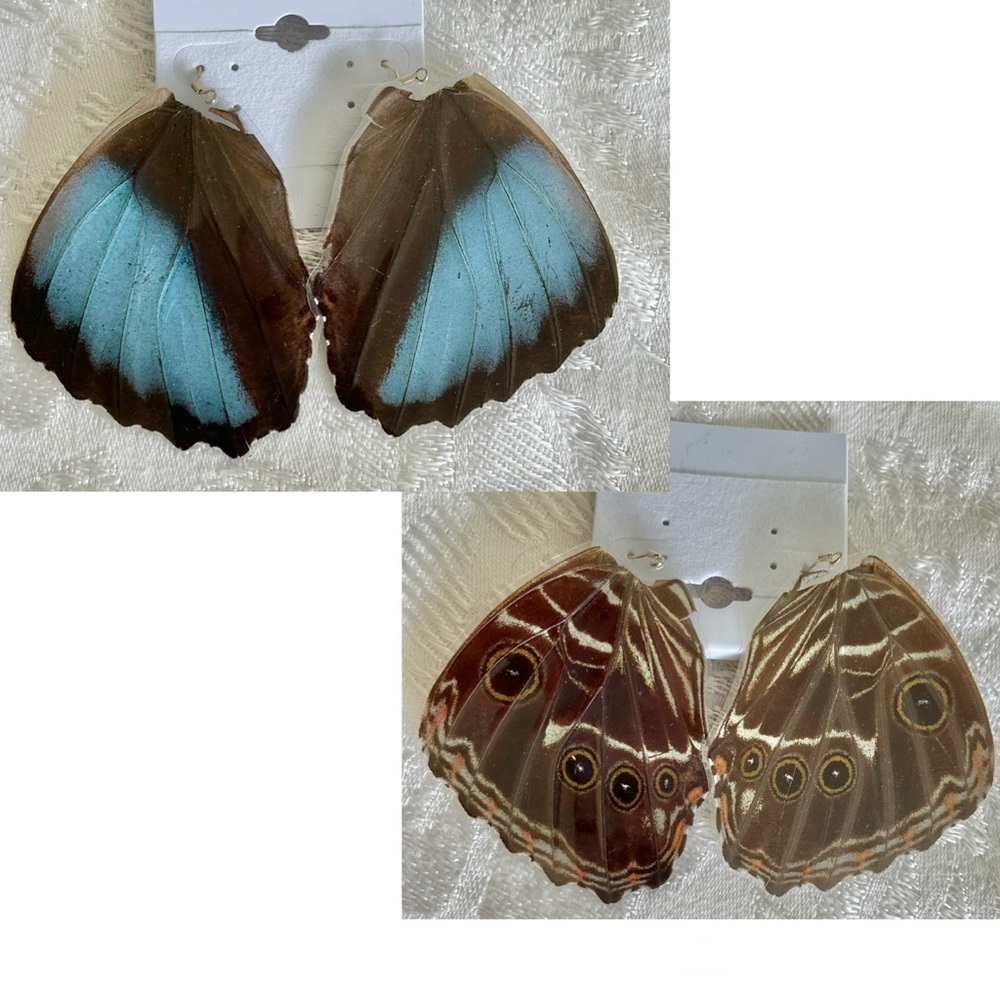 NEW Blue Morpho Real Butterfly Wings 2 Side Dangle Pierced Earrings